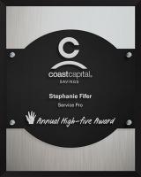 The Highlight Plaque Black Acrylic and Brushed Aluminum composition with Clear Acrylic overlay (8" x 10" x 1") Laser Engraved.