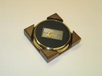 2 Round Solid Brass Coasters w/Solid Walnut Wood Square Holder